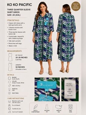 Koko Pacific Green, Purple & White Three-Quarter Sleeve Shirt Dress